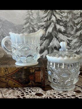 Mosser Glass “Eye Winker” Opalescent Creamer & Covered Sugar Set – UV Reactive